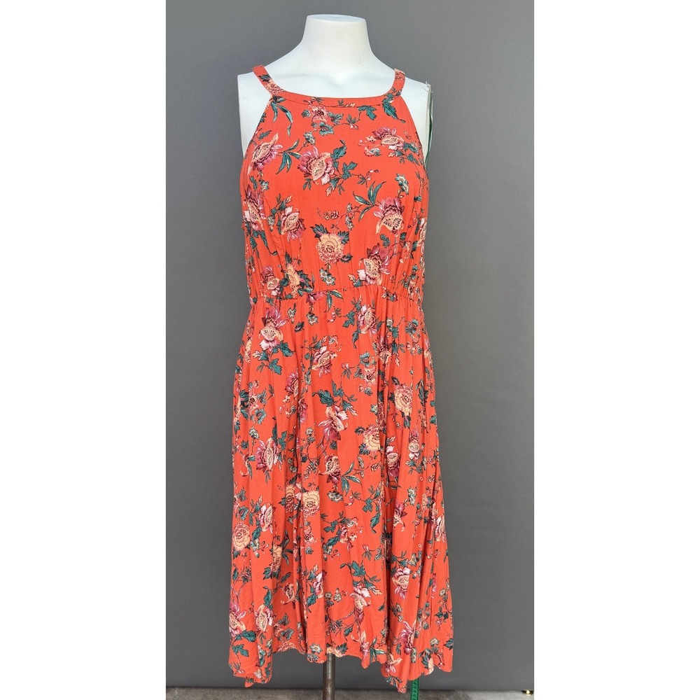 Torrid Floral Midi Dress 1 Large Orange Sleeveless‎ Pockets Summer Cottagecore